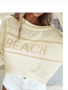 SO Cream Open-Knit 'BEACH' Crewneck Sweater